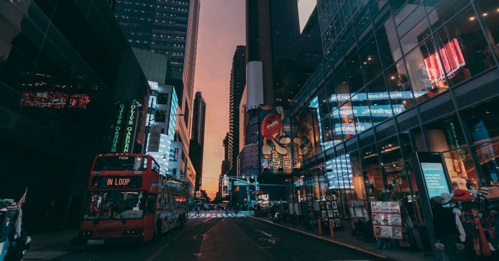 Dynamic NYC street scene with skyscrapers and traffic at dusk.