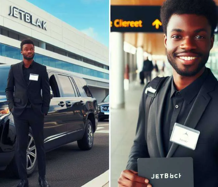JFK meet and greet service — chauffeur escorting passengers with luggage through JFK terminal