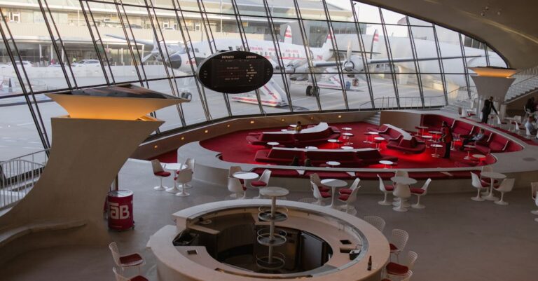 Explore the vintage architecture and design of the TWA Hotel at JFK Airport, New York.