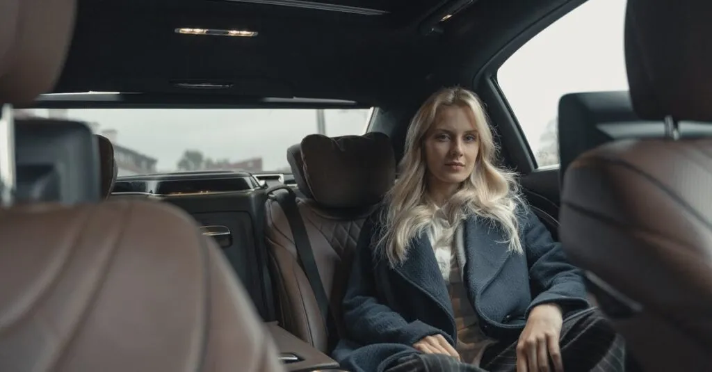 Benz Luxury Car & Limousine Service – Wait for the Excellence with JetBlack 1 October 25, 2026 Elegant woman in a blue coat sitting in the back seat of a luxury car.