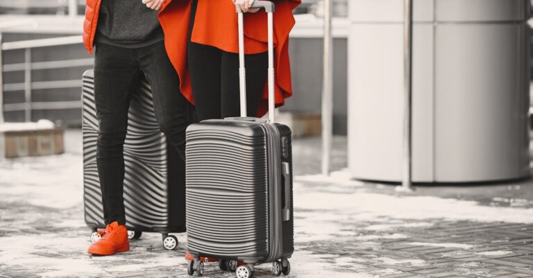 A fashionable couple in winter attire with sleek luggage, standing outdoors on a snowy day.