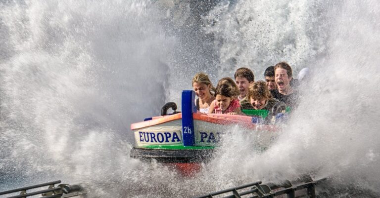 Exciting group splash on a thrilling water ride at Europa Park, capturing joy and adventure.