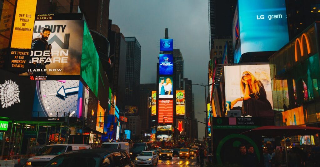 Bright lights and billboards in Times Square, capturing the bustling evening atmosphere.