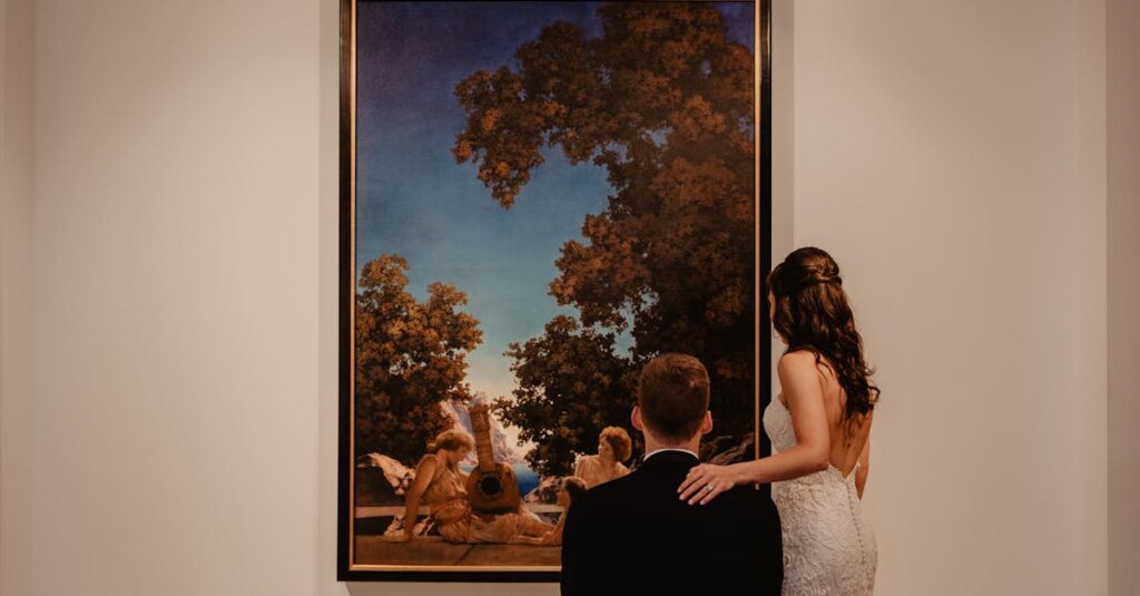 Elegant couple viewing a painting in a modern museum, capturing the essence of art appreciation.