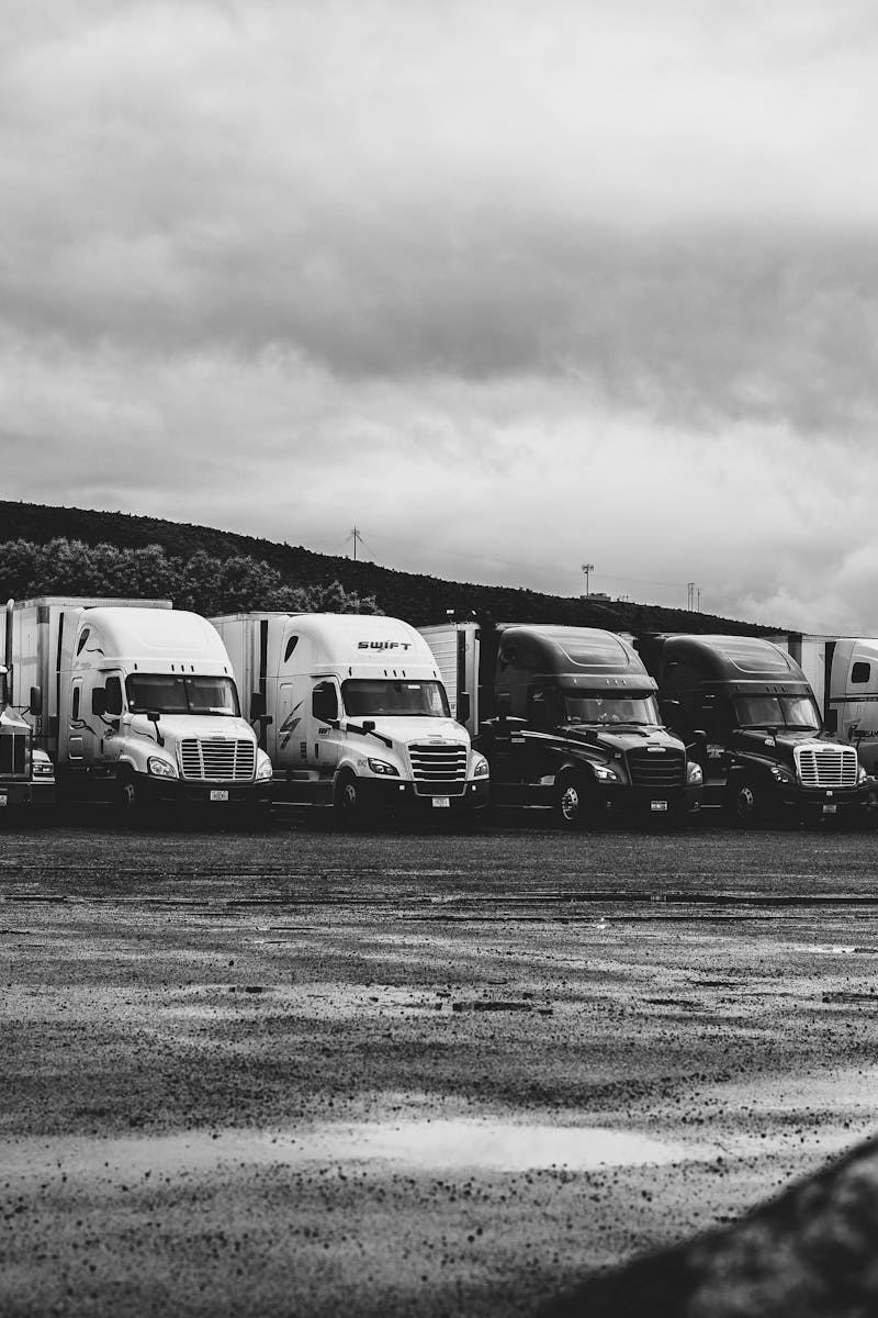 Row of parked semi trucks in a rainy lot, captured in a dramatic black and white setting.