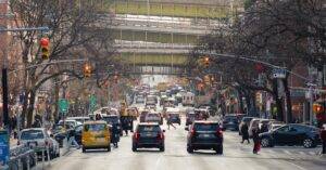 Free stock photo of busy city street, city transportation, crowded intersection