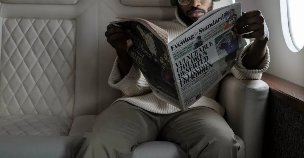 Brooklyn to JFK Car Service Cost: 7 Honest 2026 Facts 4 October 11, 2026 African American man reading newspaper and listening to music in airplane cabin with headphones.