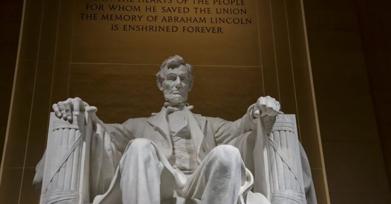 The iconic statue of Abraham Lincoln at the Lincoln Memorial in Washington, DC.