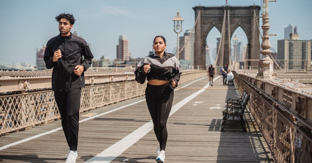 Two adults jogging on Brooklyn Bridge with city skyline in the background, showcasing health and vitality.