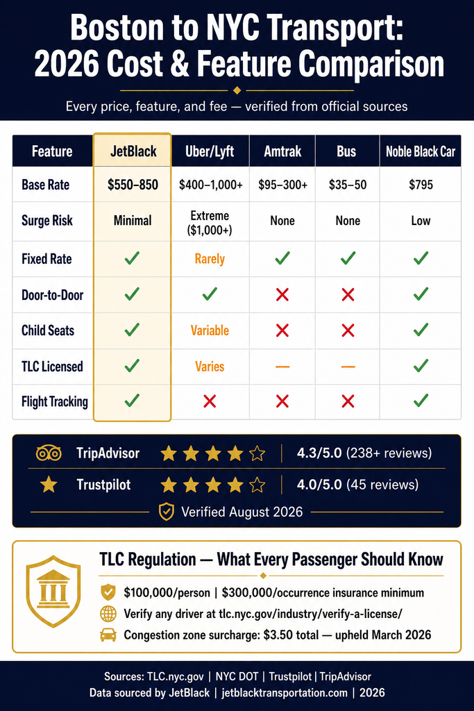 Infographic comparing NYC for-hire vehicle options: black cars, yellow taxis, rideshares, and limos across licensing, insurance, surge pricing, and fixed rates