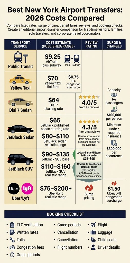 Infographic comparing New York airport transfer costs, surge pricing, reviews, TLC rules, and booking tips for 2026.