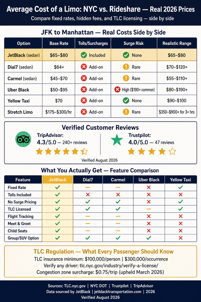 NYC For-Hire Vehicle Landscape NYC For-Hire Vehicle Landscape comparison chart: black cars, yellow taxis, rideshares, and limos across licensing tier, insurance minimum, surge pricing, fixed rate availability, and TLC oversight infographic