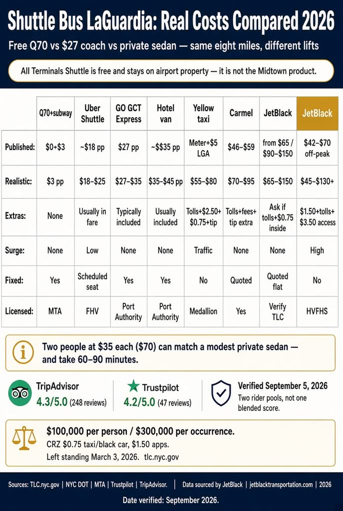 Infographic. LGA shuttle, taxi, and private car costs compared, 2026.