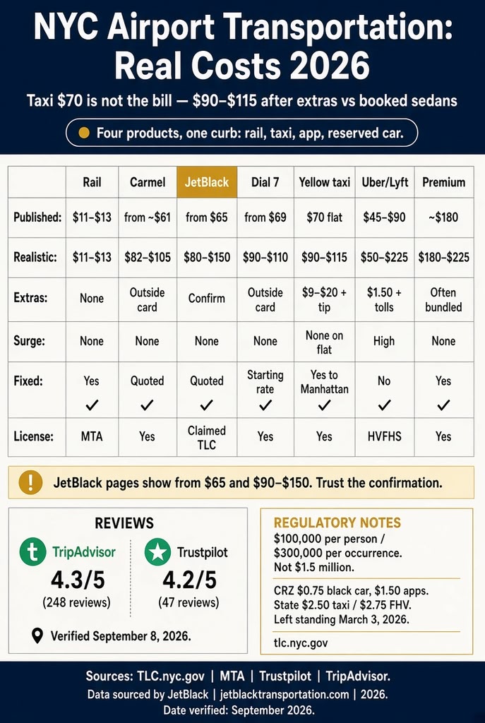 Infographic. New York City airport transportation costs after extras, 2026.
