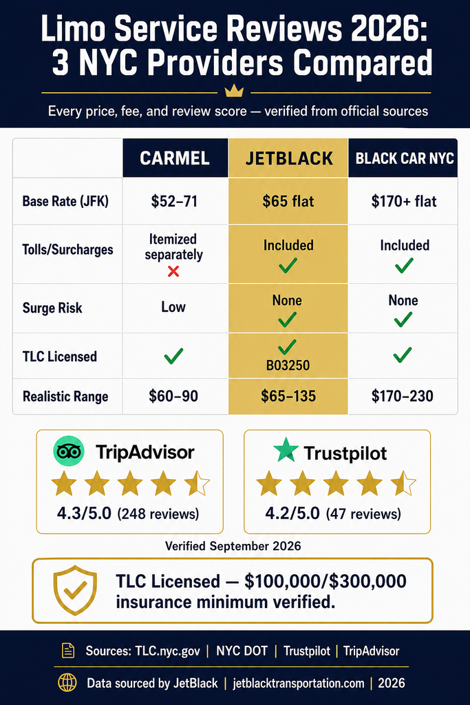Infographic comparing limo service reviews, rates, and TLC data for 3 NYC providers