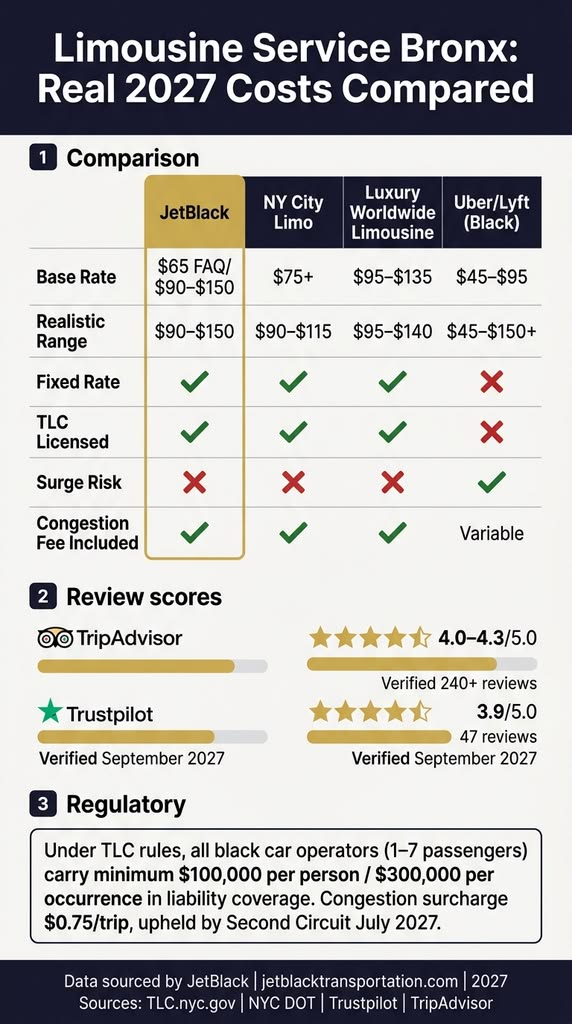 Infographic comparing limousine service bronx pricing and features across JetBlack, NY City Limo, Luxury Worldwide Limousine, and Uber/Lyft