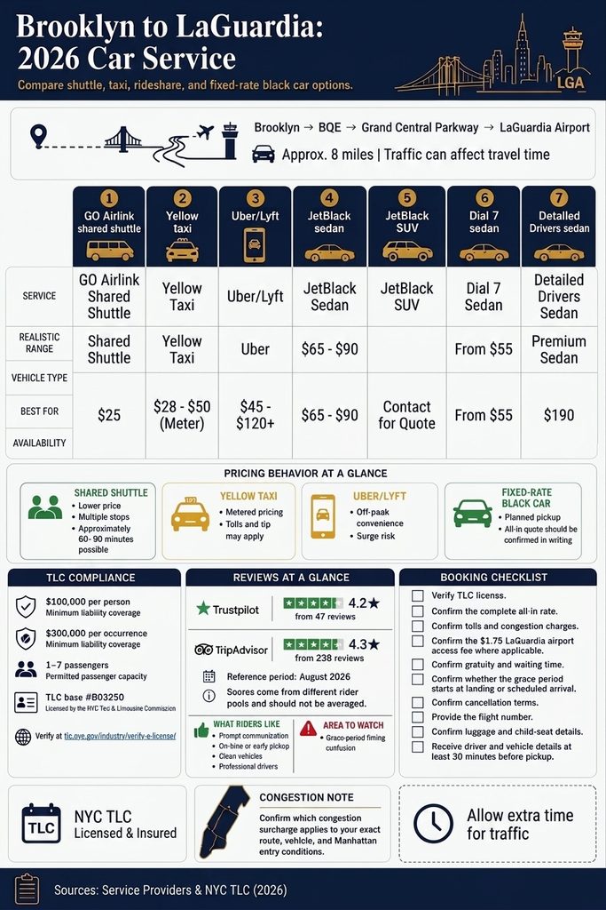 Infographic comparing Brooklyn to LaGuardia shuttle, taxi, rideshare, and black-car costs for 2026.