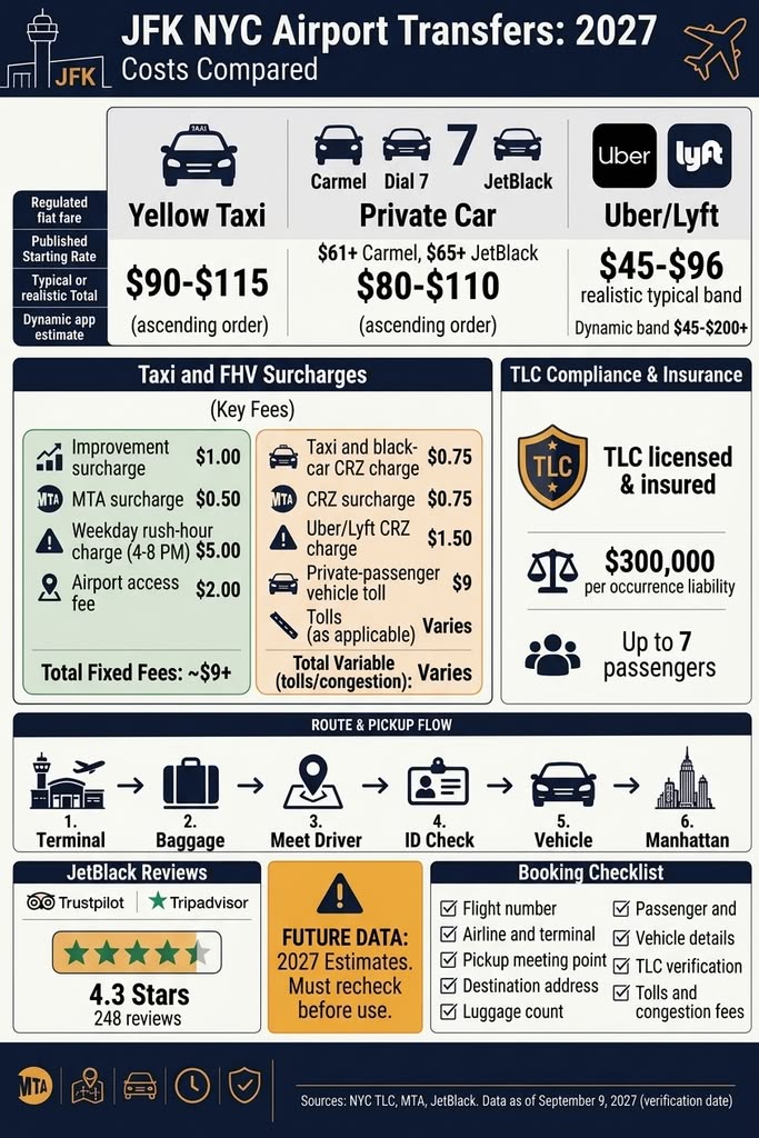 Infographic comparing JFK taxi, car-service, and rideshare costs.