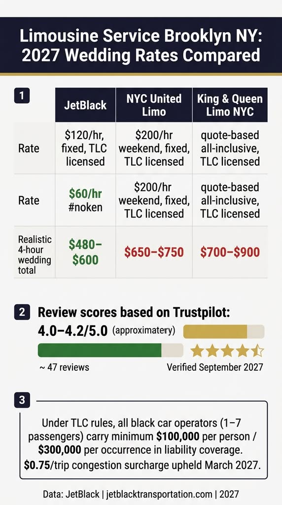Limousine Service Brooklyn NY: 7 Proven Facts for 2027 Weddings 3 September 20, 2026 Infographic comparing Brooklyn wedding limo rates: JetBlack, NYC United, King & Queen.
