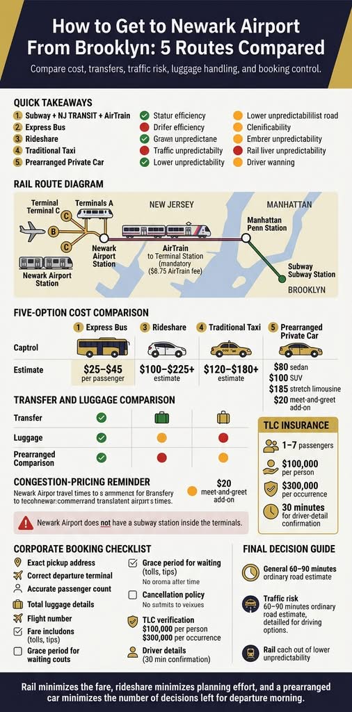 How to Get to Newark Airport From Brooklyn: 5 Honest Ways 3 September 22, 2026 Infographic comparing Brooklyn-to-EWR routes, costs, and transfers.