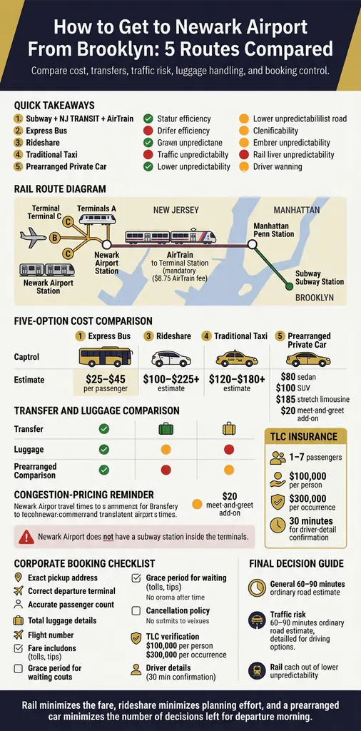 Infographic comparing Brooklyn-to-EWR routes, costs, and transfers.