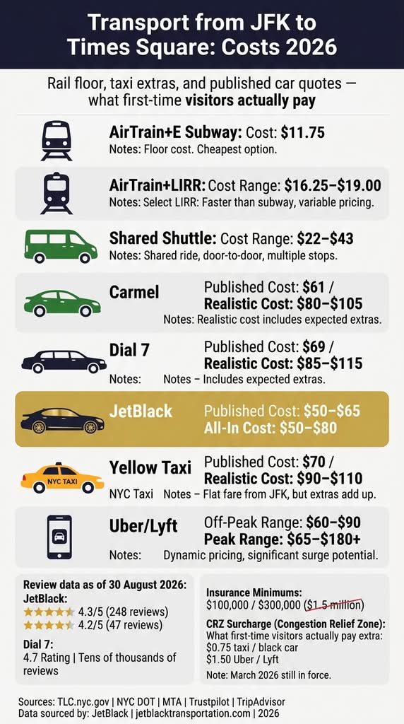 Transport from JFK to Times Square: 6 Honest 2026 Tests 3 September 18, 2026 Infographic. JFK to Times Square costs by train, taxi, and car, 2026.