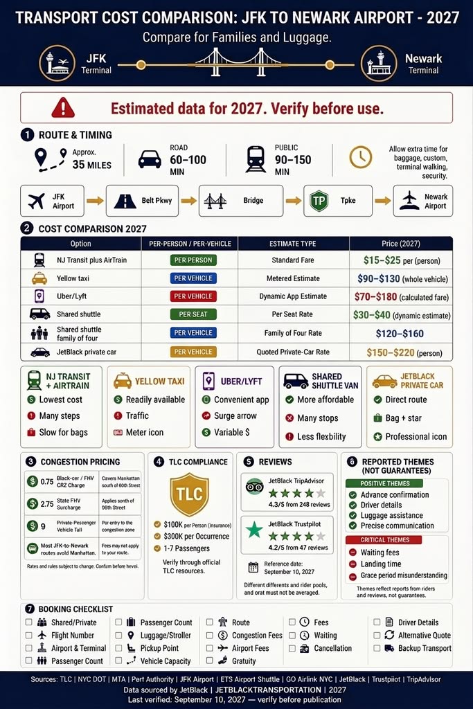 Shuttle From JFK To Newark Airport: 7 Honest Facts (2027) 3 September 20, 2026 Infographic comparing JFK-to-Newark transportation costs, routes, timing, luggage, reviews, TLC rules, and booking tips.