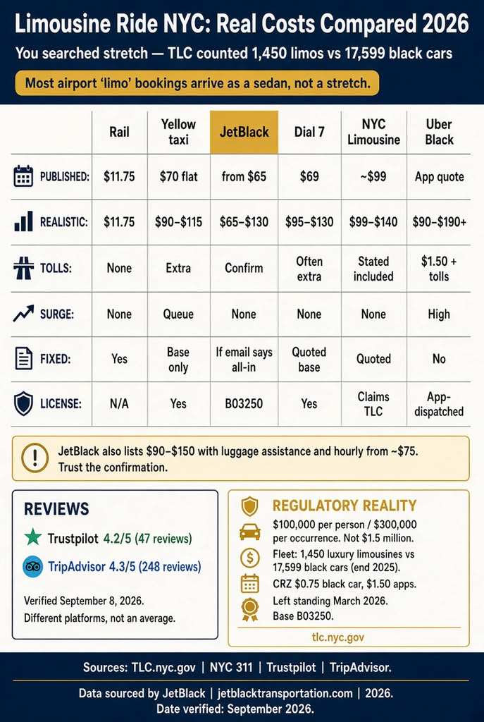 Limousine Ride NYC: 5 Honest Versus Checks for 2026 3 September 20, 2026 Infographic. NYC limousine ride vs sedan and taxi costs, 2026.