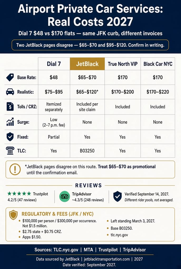 Airport Private car services around me: 7 Honest NYC Picks 2027 3 September 29, 2026 Infographic. Airport private car service costs from JFK compared, 2027.
