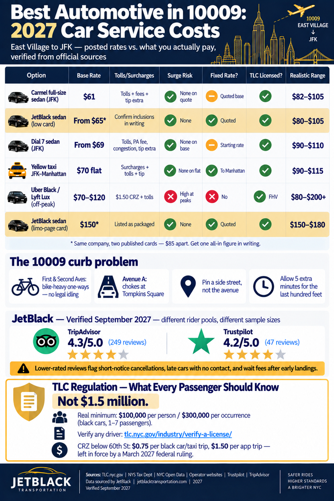 Best Automotive in 10009: 7 Honest 2027 Tests 3 October 9, 2026 Infographic comparing 2027 East Village to JFK car service rates, fees, and TLC rules.