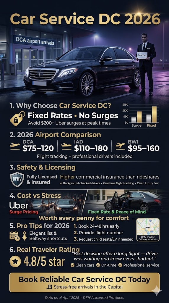 Car Service DC in 2026: Honest Guide to Black Car, Limo & Airport Transfers That Actually Deliver 3 September 27, 2026 Infographic car service dc