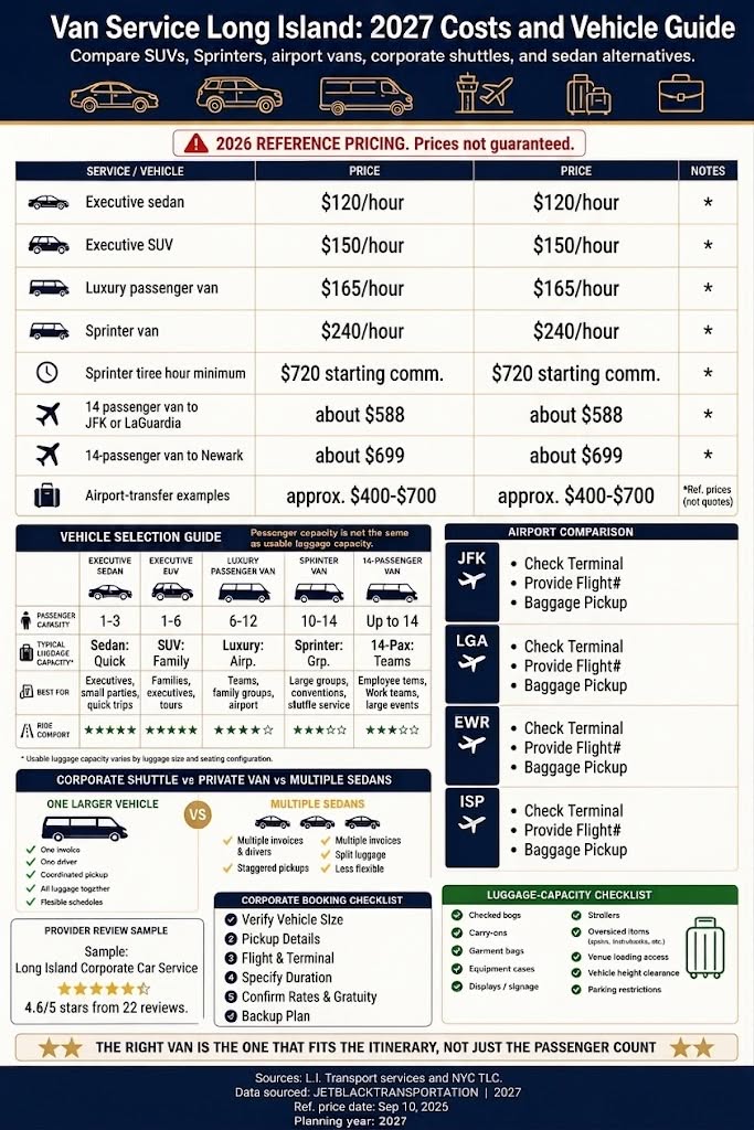 Infographic comparing Long Island van, SUV, Sprinter, airport, and corporate shuttle costs.