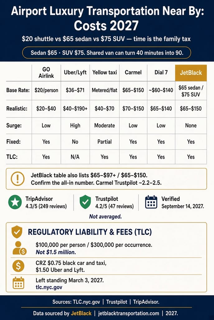 Infographic. Airport luxury transportation near by costs for NYC families, 2027.