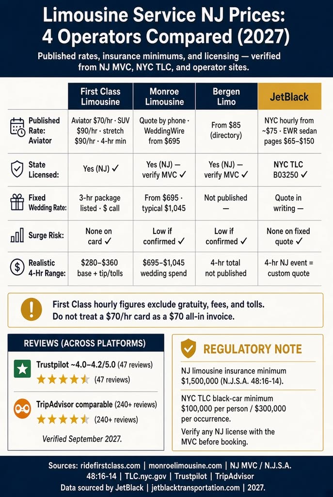 limousine service nj prices : 7 Honest Facts Before You Book 2027 3 September 20, 2026 Infographic. New Jersey limousine rates for four operators, insurance, and licensing, 2027.