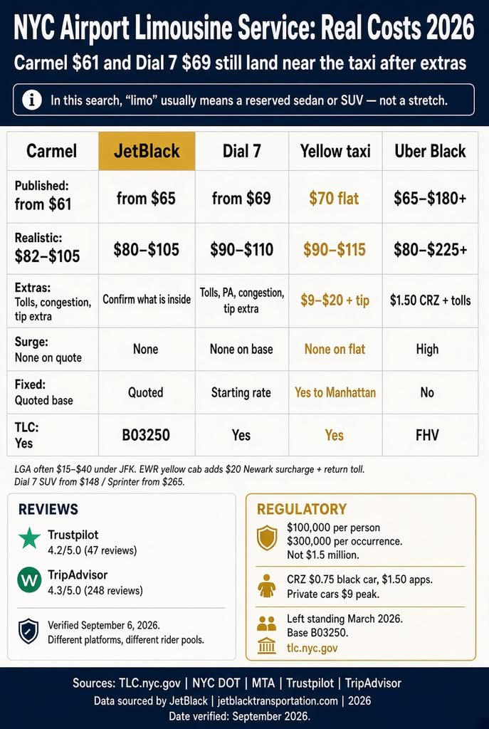 Infographic. NYC airport limo rates vs taxi after extras, 2026.
