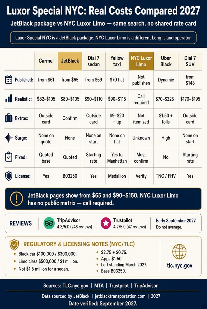 Luxor Special NYC: 7 Honest 2027 Comparisons 3 September 20, 2026 Infographic. Luxor Special NYC vs taxi and black-car costs, 2027.