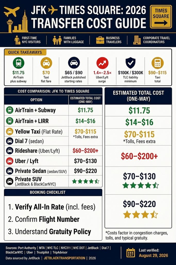 Infographic comparing JFK-to-Times Square transit, taxi, rideshare, and private-car costs