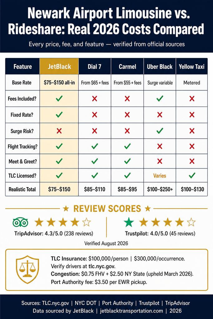 NYC For-Hire Vehicle Landscape comparison chart showing black cars, yellow taxis, rideshares, and limos across licensing tier, insurance minimum, surge pricing, fixed rate availability, and TLC oversight infographic