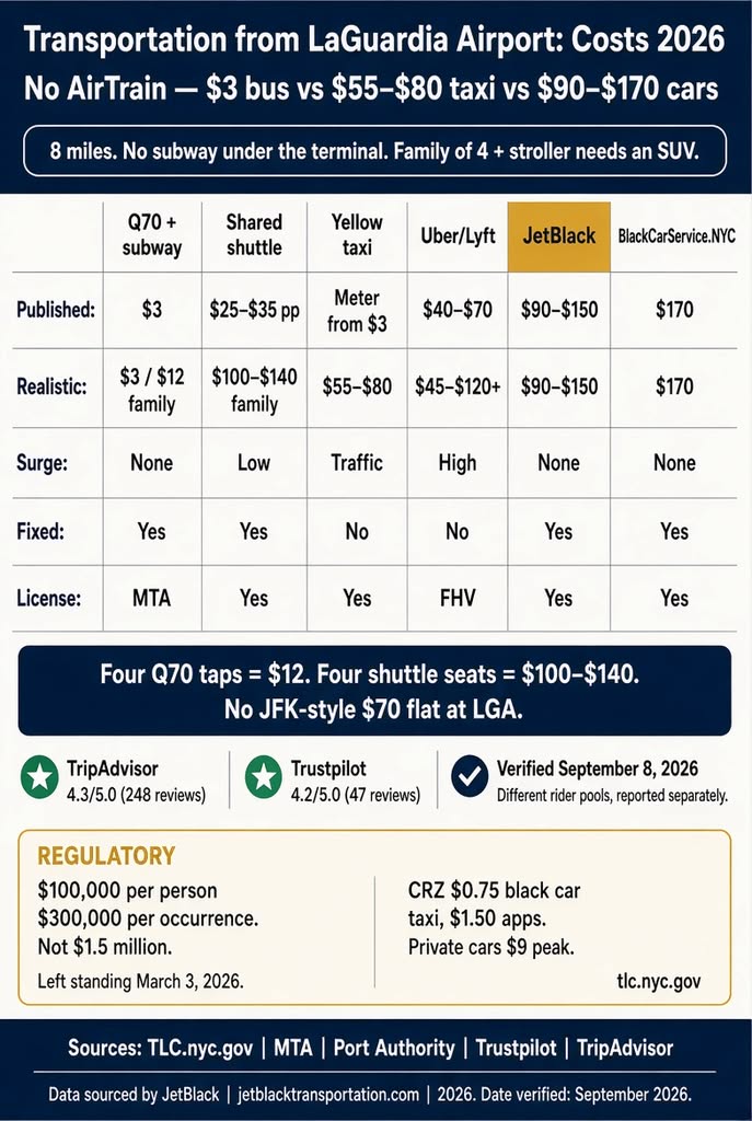 Infographic. LaGuardia Airport transport costs for families, 2026.