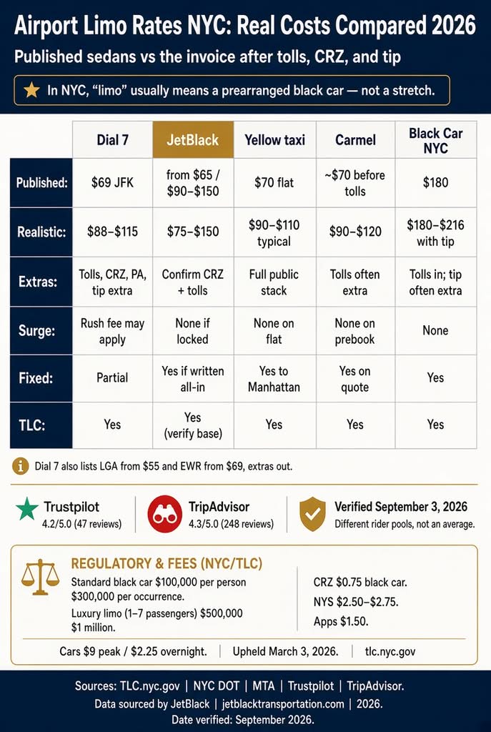 Airport Limo Rates: 7 Honest Cost Facts for 2026 3 September 19, 2026 Infographic. NYC airport limo rates vs taxi after extras, 2026