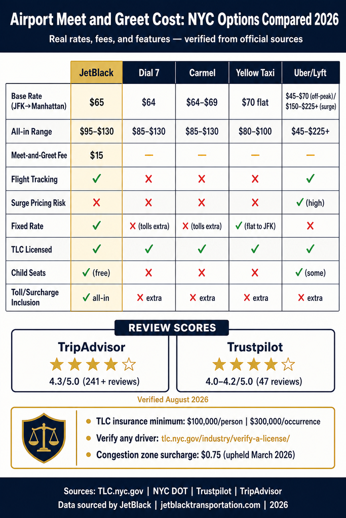 NYC For-Hire Vehicle Landscape NYC for-hire vehicle landscape comparison chart showing black cars, yellow taxis, rideshares, and limos across licensing tier, insurance minimum, surge pricing, fixed rate availability, and TLC oversight infographic
