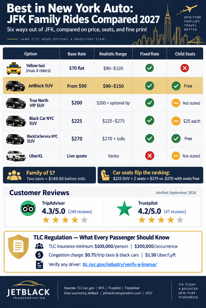 Infographic comparing JFK family ride costs, child seats, and fixed rates in 2027.
