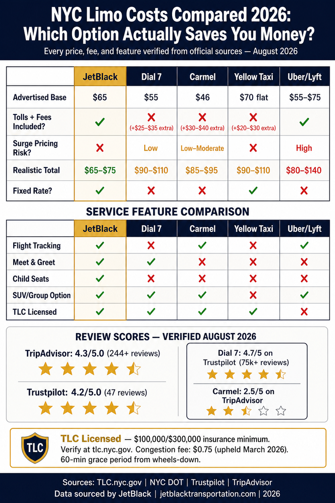NYC For-Hire Vehicle Landscape NYC For-Hire Vehicle Landscape comparison chart: black cars, yellow taxis, rideshares, and limos across licensing tier, insurance minimum, surge pricing, fixed rate availability, and TLC oversight infographic