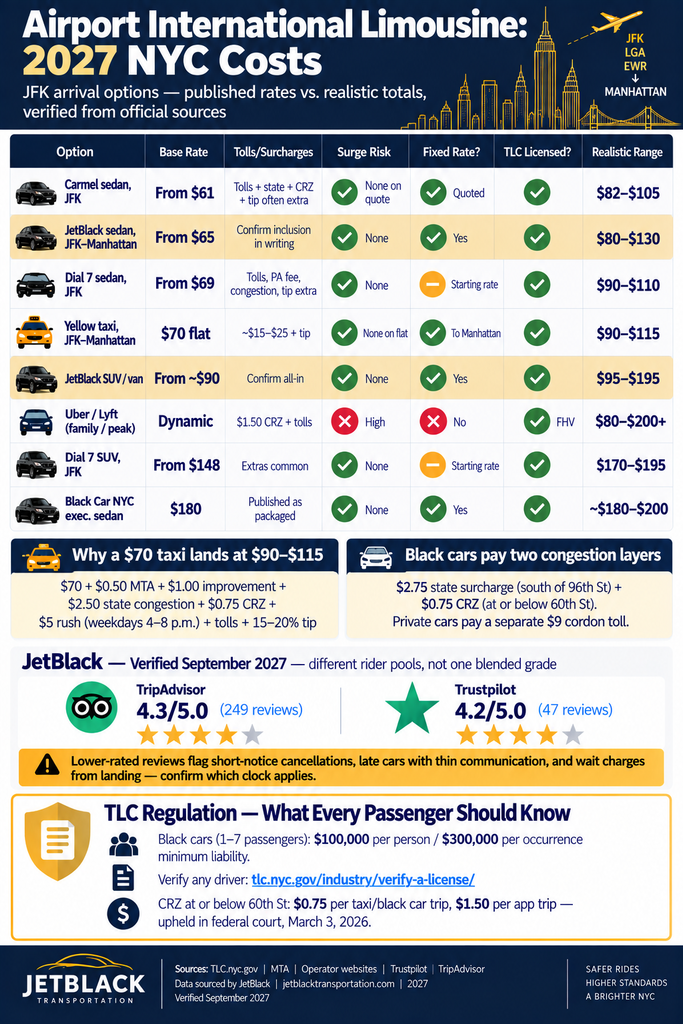 Airport International Limousine: 7 Honest 2027 Facts 3 September 27, 2026 Infographic comparing 2027 JFK airport limousine, taxi, rideshare, and black car costs.
