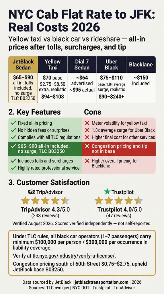 Infographic: NYC Cab Flat Rate to JFK — All-In 2026 Costs for Yellow Taxi, JetBlack, Uber Black, Dial 7, and Blacklane