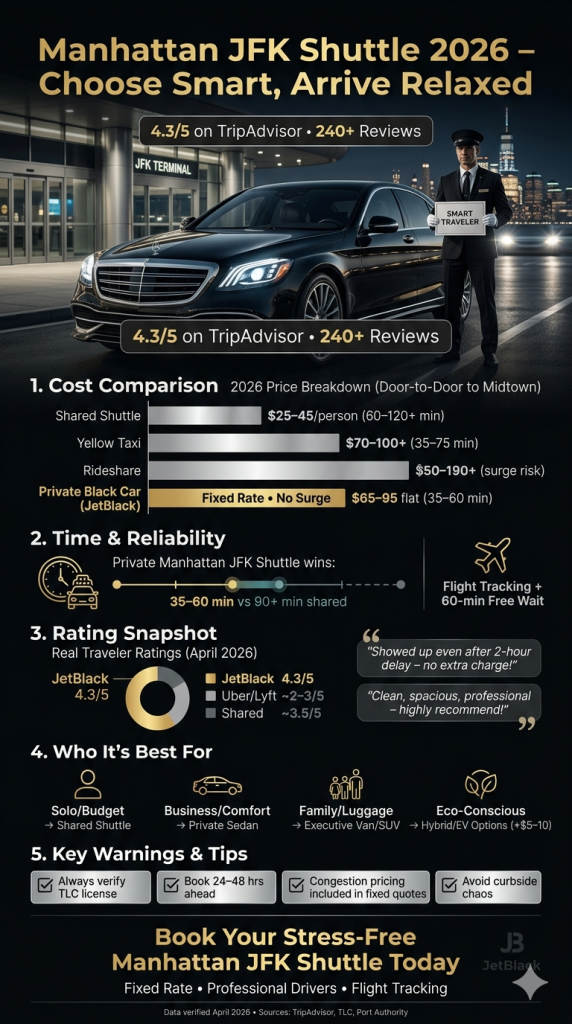 Create a hyper-realistic, cinematic, luxury-style vertical infographic (1080x1920 px, perfect for Instagram Stories, LinkedIn, and blog embeds) about Manhattan JFK Shuttle in 2026: Best Airport Transfers from JFK to Manhattan. Overall aesthetic: premium black-car service vibe with deep midnight black background, elegant metallic gold and silver accents, dramatic cinematic lighting, subtle lens flare, high-end photography style, sharp details, 8K resolution, photorealistic rendering. Use modern sans-serif fonts (bold Montserrat for headlines, clean Inter for body text). Excellent visual hierarchy, generous white space, never cluttered. Color palette: deep black, metallic gold, silver, subtle teal accents for data highlights. Layout from top to bottom: Hero Section (top 25%): Huge bold headline in gold: "Manhattan JFK Shuttle 2026 – Choose Smart, Arrive Relaxed" over a cinematic night photo of a sleek black luxury sedan pulling up at JFK terminal with a professional driver holding a name sign, Manhattan skyline glowing in the distant background. Add big stat overlay: "4.3/5 on TripAdvisor • 240+ Reviews". Section 1 – Cost Comparison (bar chart): Punchy title "2026 Price Breakdown (Door-to-Door to Midtown)". Horizontal bar chart comparing: Shared Shuttle: $25–45/person (60–120+ min) Yellow Taxi: $70–100+ (35–75 min) Rideshare: $50–190+ (surge risk) Private Black Car (JetBlack): $65–95 flat (35–60 min) Highlight JetBlack bar in gold with "Fixed Rate • No Surge" badge. Section 2 – Time & Reliability: Timeline graphic showing typical travel times. Icon of clock + traffic. Text: "Private Manhattan JFK Shuttle wins: 35–60 min vs 90+ min shared". Add "Flight Tracking + 60-min Free Wait" icon. Section 3 – Rating Snapshot (donut/pie chart): "Real Traveler Ratings (April 2026)" – JetBlack 4.3/5 (gold), Uber/Lyft ~2–3/5 (gray), Shared ~3.5/5. Include quote bubbles: "Showed up even after 2-hour delay – no extra charge!" and "Clean, spacious, professional – highly recommend!" Section 4 – Who It’s Best For: Four elegant icons with short text: Solo/Budget → Shared Shuttle Business/Comfort → Private Sedan Family/Luggage → Executive Van/SUV Eco-Conscious → Hybrid/EV Options (+$5–10) Section 5 – Key Warnings & Tips: Clean checklist in silver boxes: Always verify TLC license Book 24–48 hrs ahead Congestion pricing included in fixed quotes Avoid curbside chaos Final CTA Section (bottom 15%): Bold gold text "Book Your Stress-Free Manhattan JFK Shuttle Today" with subtle JetBlack logo placeholder and call-to-action: "Fixed Rate • Professional Drivers • Flight Tracking". Small line: "Data verified April 2026 • Sources: TripAdvisor, TLC, Port Authority". Ultra-high detail, photorealistic icons and charts that feel premium and modern, perfect alignment, crisp text readable even when shared small. Luxury black-gold-silver theme throughout. Make it look like a high-end travel magazine infographic. Create a hyper-realistic, cinematic, luxury-style vertical infographic (1080x1920 px, perfect for Instagram Stories, LinkedIn, and blog embeds) about Manhattan JFK Shuttle in 2026: Best Airport Transfers from JFK to Manhattan. Overall aesthetic: premium black-car service vibe with deep midnight black background, elegant metallic gold and silver accents, dramatic cinematic lighting, subtle lens flare, high-end photography style, sharp details, 8K resolution, photorealistic rendering. Use modern sans-serif fonts (bold Montserrat for headlines, clean Inter for body text). Excellent visual hierarchy, generous white space, never cluttered. Color palette: deep black, metallic gold, silver, subtle teal accents for data highlights. Layout from top to bottom: Hero Section (top 25%): Huge bold headline in gold: "Manhattan JFK Shuttle 2026 – Choose Smart, Arrive Relaxed" over a cinematic night photo of a sleek black luxury sedan pulling up at JFK terminal with a professional driver holding a name sign, Manhattan skyline glowing in the distant background. Add big stat overlay: "4.3/5 on TripAdvisor • 240+ Reviews". Section 1 – Cost Comparison (bar chart): Punchy title "2026 Price Breakdown (Door-to-Door to Midtown)". Horizontal bar chart comparing: Shared Shuttle: $25–45/person (60–120+ min) Yellow Taxi: $70–100+ (35–75 min) Rideshare: $50–190+ (surge risk) Private Black Car (JetBlack): $65–95 flat (35–60 min) Highlight JetBlack bar in gold with "Fixed Rate • No Surge" badge. Section 2 – Time & Reliability: Timeline graphic showing typical travel times. Icon of clock + traffic. Text: "Private Manhattan JFK Shuttle wins: 35–60 min vs 90+ min shared". Add "Flight Tracking + 60-min Free Wait" icon. Section 3 – Rating Snapshot (donut/pie chart): "Real Traveler Ratings (April 2026)" – JetBlack 4.3/5 (gold), Uber/Lyft ~2–3/5 (gray), Shared ~3.5/5. Include quote bubbles: "Showed up even after 2-hour delay – no extra charge!" and "Clean, spacious, professional – highly recommend!" Section 4 – Who It’s Best For: Four elegant icons with short text: Solo/Budget → Shared Shuttle Business/Comfort → Private Sedan Family/Luggage → Executive Van/SUV Eco-Conscious → Hybrid/EV Options (+$5–10) Section 5 – Key Warnings & Tips: Clean checklist in silver boxes: Always verify TLC license Book 24–48 hrs ahead Congestion pricing included in fixed quotes Avoid curbside chaos Final CTA Section (bottom 15%): Bold gold text "Book Your Stress-Free Manhattan JFK Shuttle Today" with subtle JetBlack logo placeholder and call-to-action: "Fixed Rate • Professional Drivers • Flight Tracking". Small line: "Data verified April 2026 • Sources: TripAdvisor, TLC, Port Authority". Ultra-high detail, photorealistic icons and charts that feel premium and modern, perfect alignment, crisp text readable even when shared small. Luxury black-gold-silver theme throughout. Make it look like a high-end travel magazine infographic.
