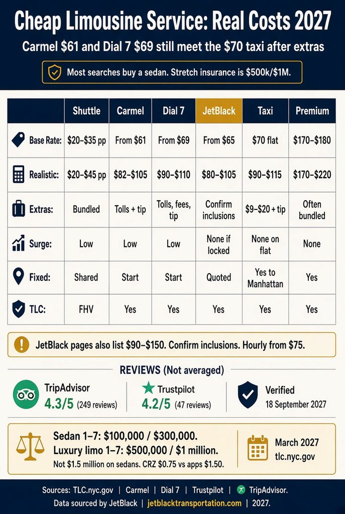 Cheap Limousine Service: 7 Trusted Costs for 2027 3 September 20, 2026 Infographic. Cheap limousine service NYC costs vs taxi and premium sedans, 2027.