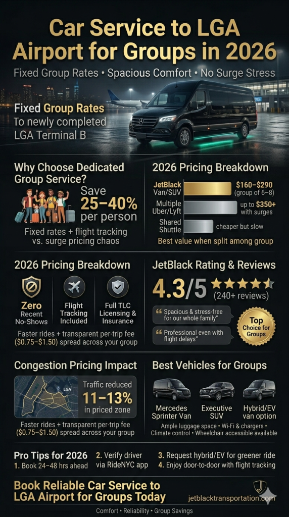  Infographic comparing costs, ratings, and benefits for car service to LGA airport for groups including congestion pricing impacts and per-person savings