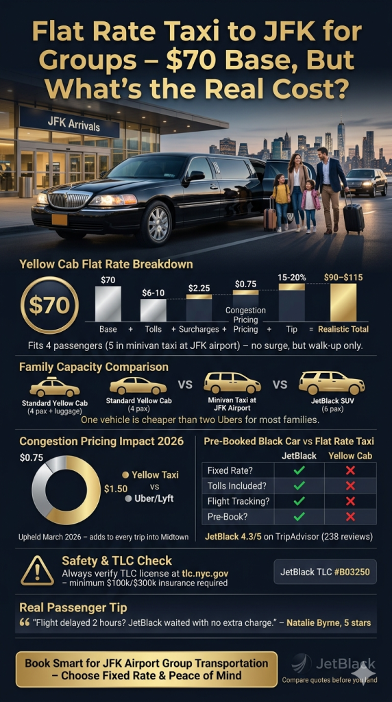 NYC JFK Ground Transport Comparison 2026 flat rate taxi to JFK for groups infographic comparing NYC for-hire vehicle types costs and TLC licensing