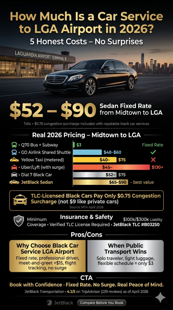 NYC for-hire vehicle landscape infographic comparing black cars LGA airport Uber yellow taxis and limos across licensing tier insurance minimum surge pricing fixed rate availability and TLC oversight